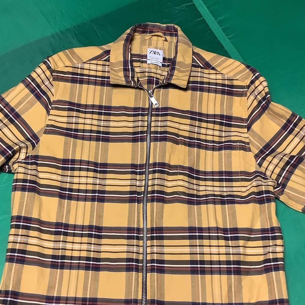 Zara Men's Mustard and Navy Checkered Shirt Jacket